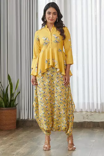 Yellow floral printed cotton dhoti jumpsuit