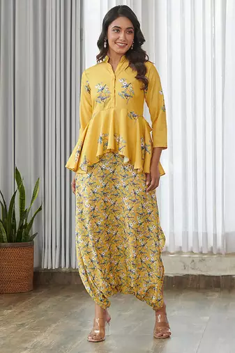 Yellow floral printed cotton dhoti jumpsuit