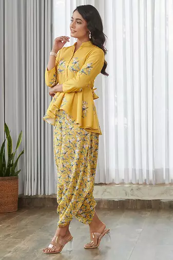 Yellow floral printed cotton dhoti jumpsuit