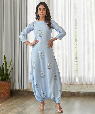 Blue floral printed cotton jumpsuit 1