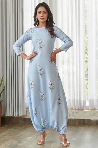 Blue floral printed cotton jumpsuit