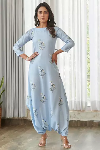 Blue floral printed cotton jumpsuit