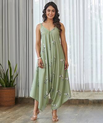 Green floral printed cotton jumpsuit 1