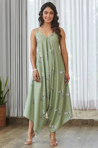Green floral printed cotton jumpsuit