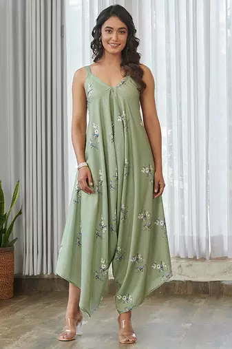 Green floral printed cotton jumpsuit