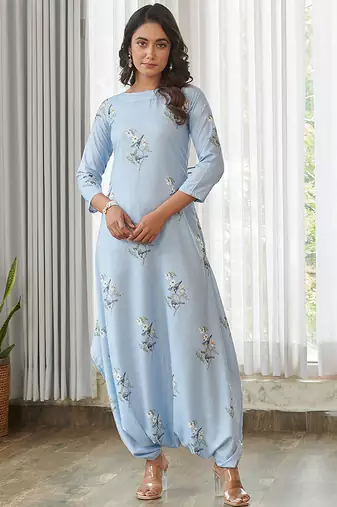Blue floral printed cotton jumpsuit