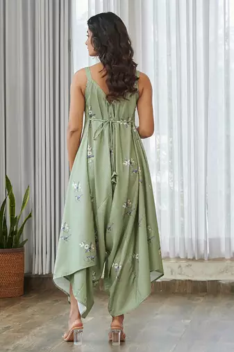 Green floral printed cotton jumpsuit