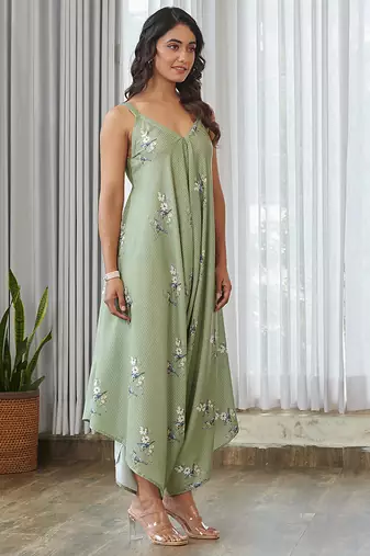 Green floral printed cotton jumpsuit