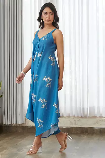 Blue floral printed cotton jumpsuit