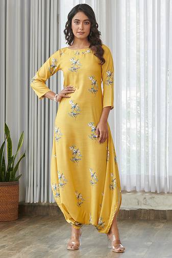 Yellow floral printed cotton jumpsuit