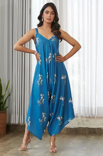 Blue floral printed cotton jumpsuit