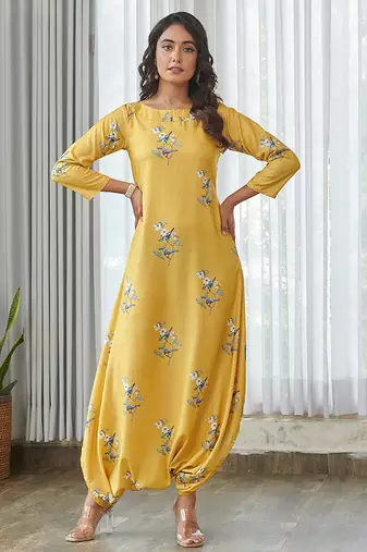 Yellow floral printed cotton jumpsuit