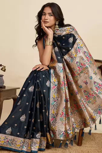 premium soft silk saree with two-tone satin finish, paithani design, rich zari pallu & contrast designer blouse