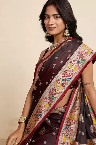 premium soft silk saree with two-tone satin finish, paithani design, rich zari pallu & contrast designer blouse