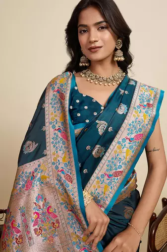 premium soft silk saree with two-tone satin finish, paithani design, rich zari pallu & contrast designer blouse