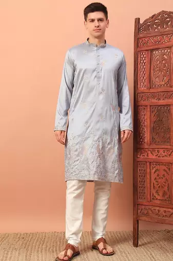 Premium grey silk embroidered kurta with sequins work & cotton pajama – festive & wedding wear