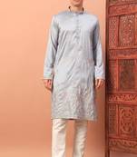 Premium grey silk embroidered kurta with sequins work & cotton pajama     festive & wedding wear