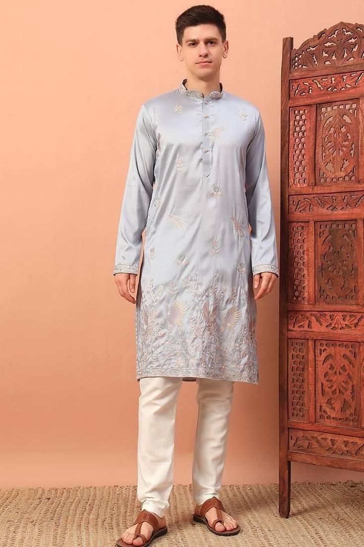 Premium grey silk embroidered kurta with sequins work & cotton pajama – festive & wedding wear