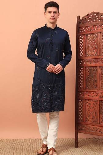 Elegant navy blue premium silk kurta with embroidery & sequins work, paired with cotton pajama     party & ethnic wear