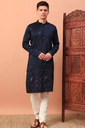 Elegant navy blue premium silk kurta with embroidery & sequins work, paired with cotton pajama     party & ethnic wear