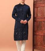 Elegant navy blue premium silk kurta with embroidery & sequins work, paired with cotton pajama     party & ethnic wear