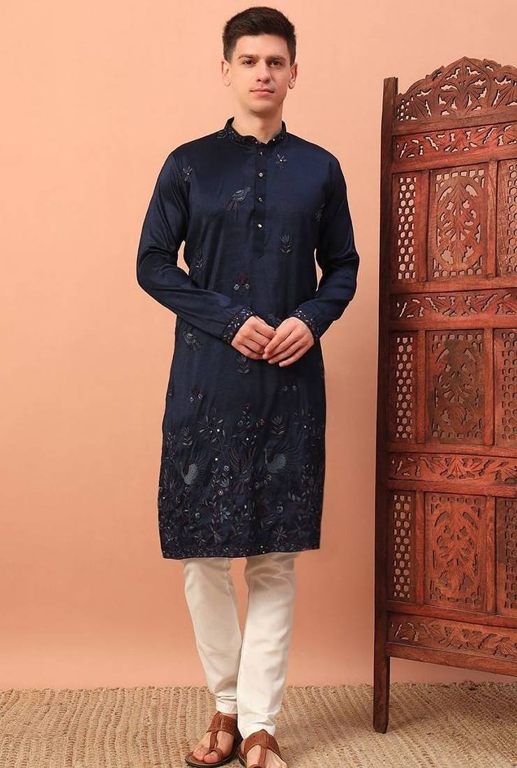 Elegant navy blue premium silk kurta with embroidery & sequins work, paired with cotton pajama     party & ethnic wear