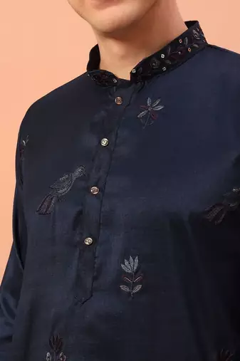 Elegant navy blue premium silk kurta with embroidery & sequins work, paired with cotton pajama     party & ethnic wear