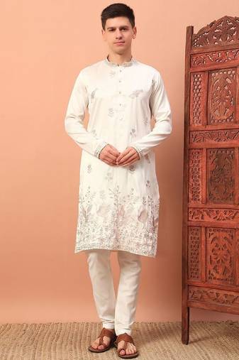 Classic off-white premium silk embroidered kurta with sequins detailing & cotton pajama     wedding & festive outfit