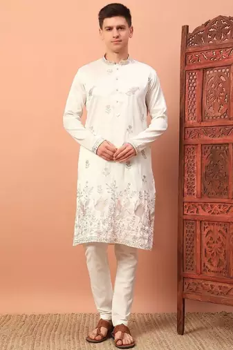 Classic off-white premium silk embroidered kurta with sequins detailing & cotton pajama     wedding & festive outfit