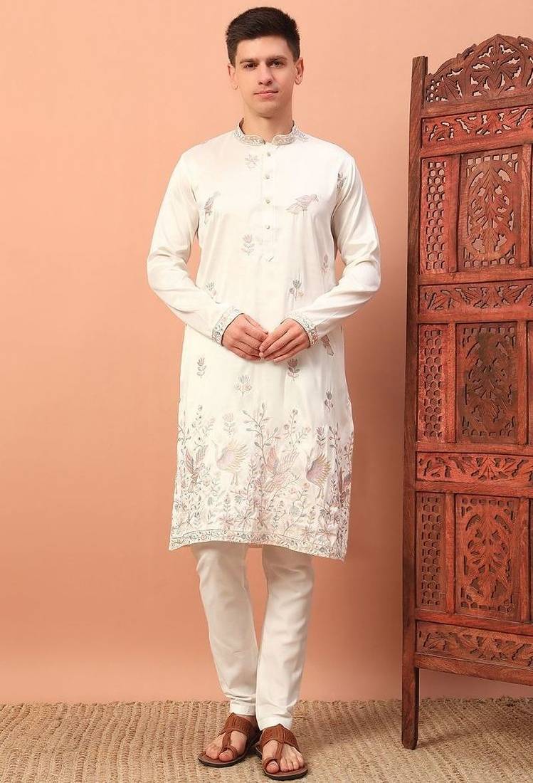 Classic off-white premium silk embroidered kurta with sequins detailing & cotton pajama     wedding & festive outfit