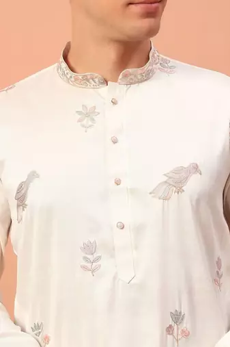 Classic off-white premium silk embroidered kurta with sequins detailing & cotton pajama     wedding & festive outfit