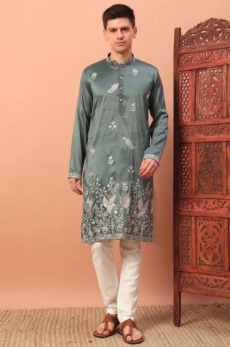 Stylish pista green premium silk kurta with embroidery & sequins work, cotton pajama     traditional & party wear