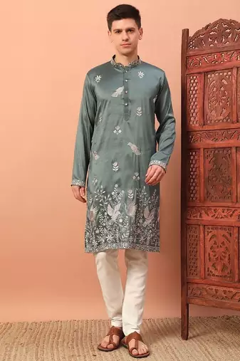 Stylish pista green premium silk kurta with embroidery & sequins work, cotton pajama     traditional & party wear