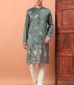 Stylish pista green premium silk kurta with embroidery & sequins work, cotton pajama     traditional & party wear
