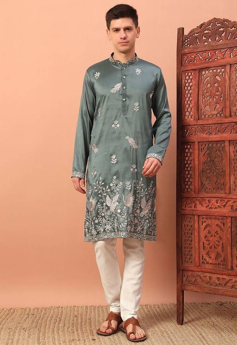 Stylish pista green premium silk kurta with embroidery & sequins work, cotton pajama     traditional & party wear
