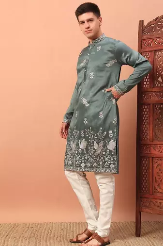 Stylish pista green premium silk kurta with embroidery & sequins work, cotton pajama     traditional & party wear