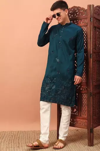 Designer rama green premium silk embroidered kurta with sequins highlights & cotton pajama     festive & occasion wear