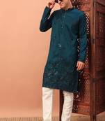 Designer rama green premium silk embroidered kurta with sequins highlights & cotton pajama     festive & occasion wear