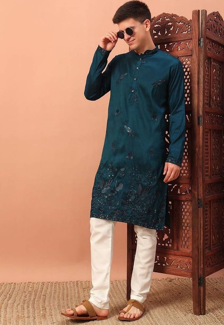 Designer rama green premium silk embroidered kurta with sequins highlights & cotton pajama     festive & occasion wear