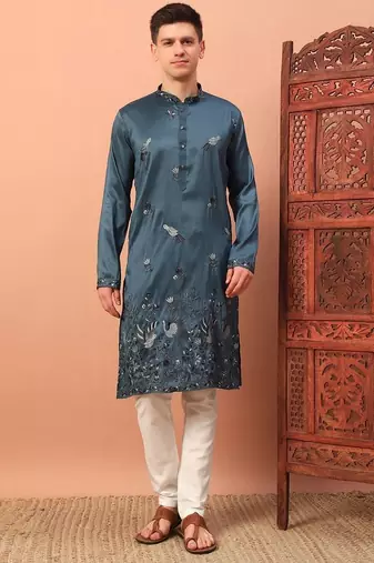 Royal teal premium silk kurta with embroidery & sequins work, paired with cotton pajama     party & celebration wear