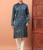 Royal teal premium silk kurta with embroidery & sequins work, paired with cotton pajama     party & celebration wear