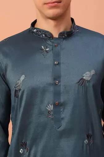 Royal teal premium silk kurta with embroidery & sequins work, paired with cotton pajama     party & celebration wear