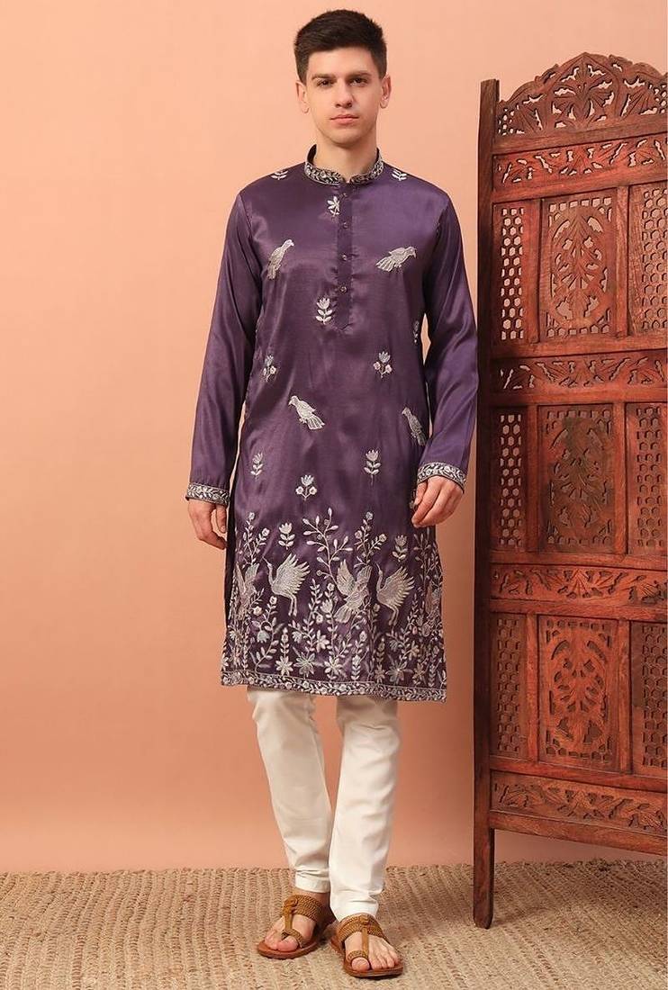 Premium wine silk embroidered kurta with sequins work & cotton pajama     wedding & festive collection