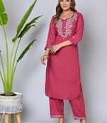 Women Maroon Rayon Embroidered Kurta With Pant