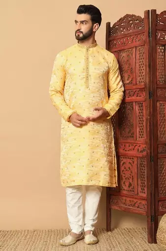 Bright yellow heavy jacquard kurta with sequins detailing & cotton pajama