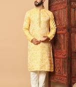 Bright yellow heavy jacquard kurta with sequins detailing & cotton pajama