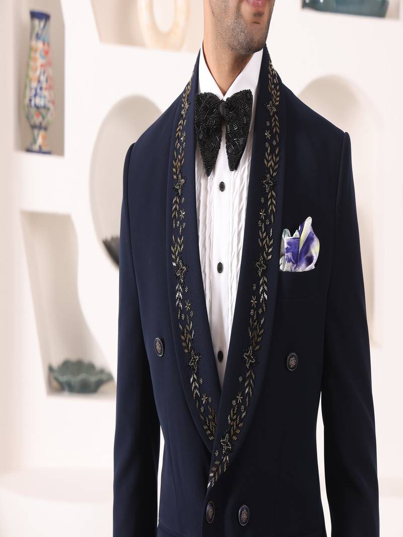 Blue rayon embroidered tuxedo