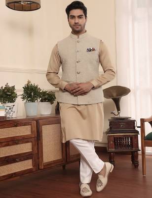 Beige cotton silk nehru jacket set 1