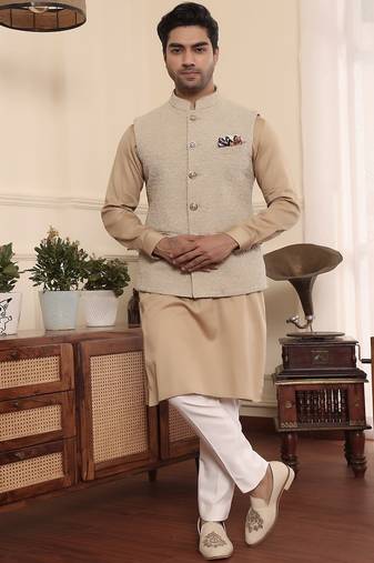 Beige cotton silk nehru jacket set