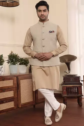 Beige cotton silk nehru jacket set